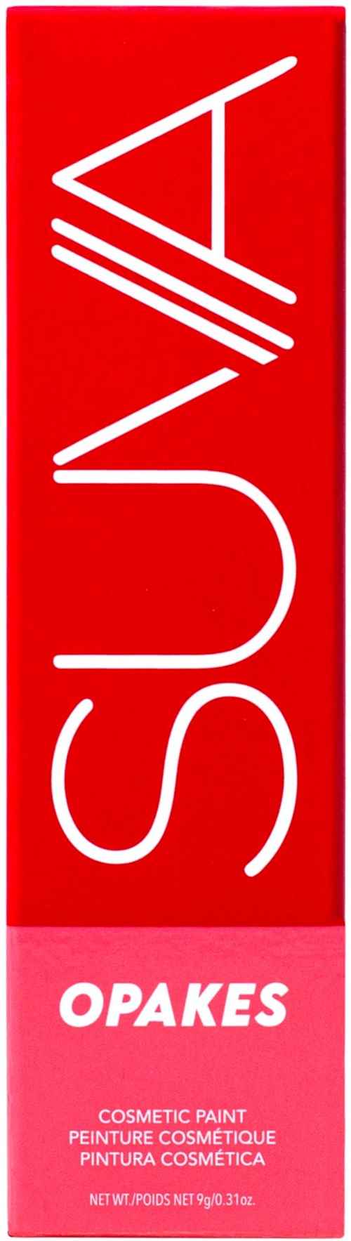 En röd och rosa vertikal etikett för Suava Opakes kosmetisk färg, med vit text och modern design.