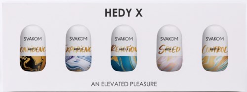 Fem kapslar märkta HEDY X med olika färger och design, under varumärket SVAKOM, med frasen "An Elevated Pleasure."