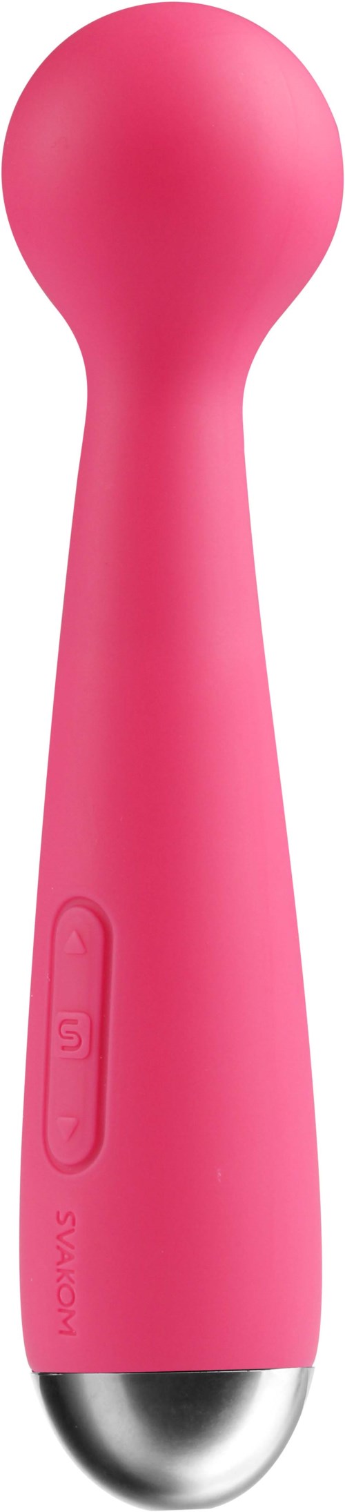 Pink handheld device with buttons, rounded top, and metallic end. Looks like a personal massager or similar gadget.