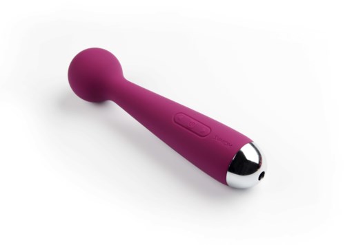 A pink wand massager with a rounded head and a button on the handle.