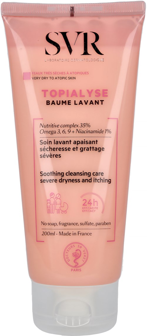 A pink tube with black and white text, describes skincare for very dry to atopic skin, with 24-hour soothing, no soap or fragrance.