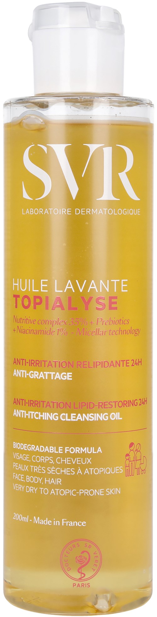Eine lange, klare Flasche mit gelber Flüssigkeit und weißem Deckel. Das Etikett hat rote und weiße Schrift.