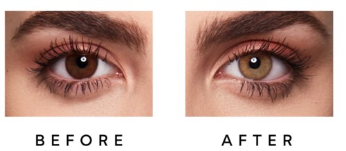Close-up van ogen met voor- en na make-up; wimpers zijn langer en beter zichtbaar na make-up.