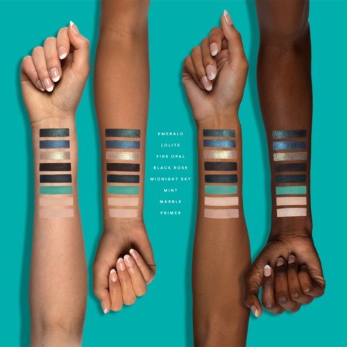Four arms with different skin tones display colorful eyeshadow shades named on a teal background.