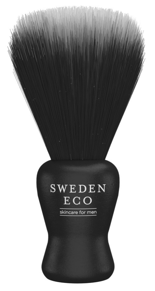 Czarna brodą do golenia z gęstymi włóknami i okrągłym uchwytem z napisem Sweden Eco skincare for men.