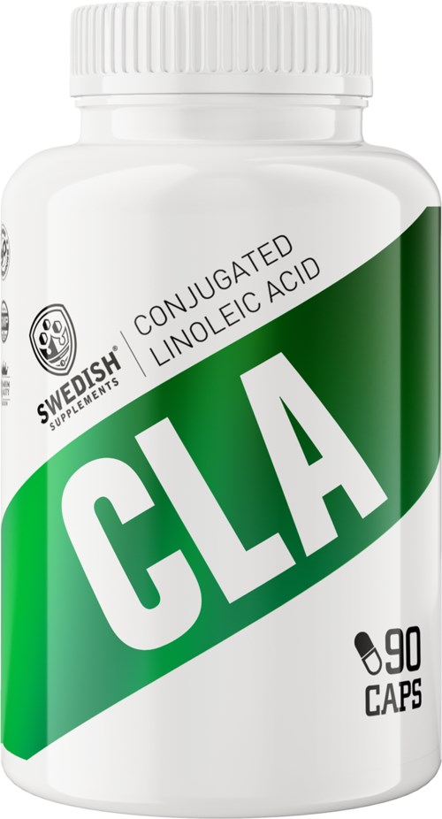 En hvit flaske merket 'CLA' med grønn og svart tekst, som inneholder 90 kapsler av konjugert linolsyre-tilskudd.