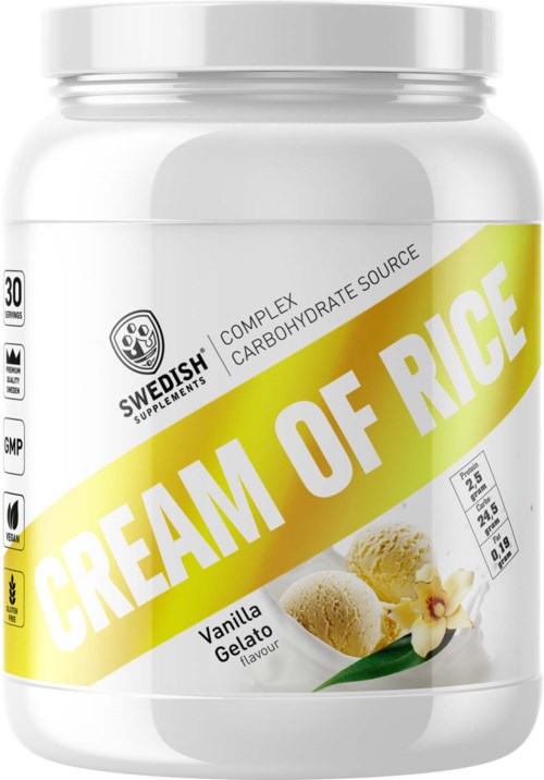 En vit behållare med etikett för vaniljgelato-smakande kosttillskott kallat 'Cream of Rice' av Swedish Supplements.