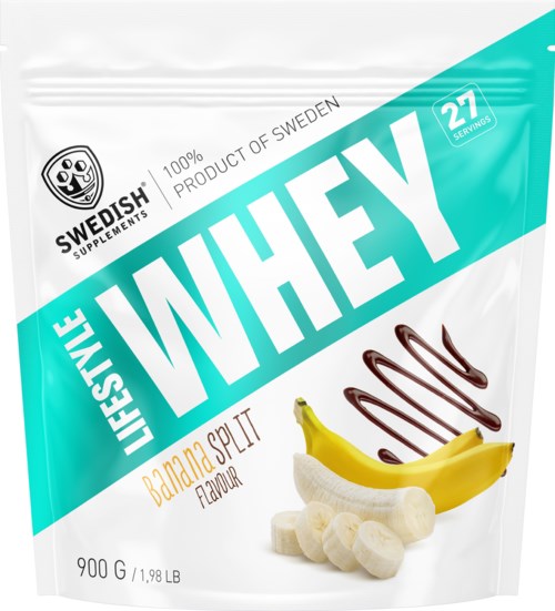 Whey kosttilskudspose, banansmag, 900 gram, med banan og skiver på forsiden.
