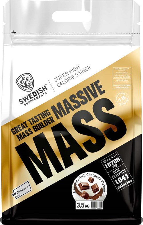 En påse med Swiss Supplements stora massbyggande proteinpulver, svart och guld förpackning, väger 3,5 kg.