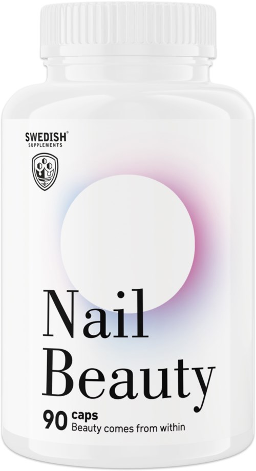 En hvit flaske merket 'Nail Beauty' med 90 kapsler, med et moderne, minimalistisk design og en liten logo.