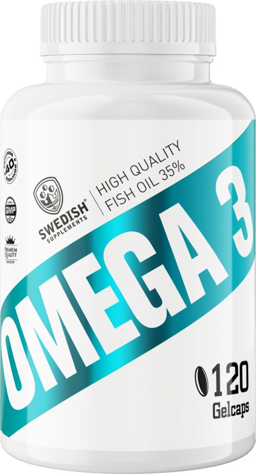 En vit flaska märkt Omega 3 med fiskolja, innehållande 120 gelkapser, betonar hög kvalitet och hälsovinster.