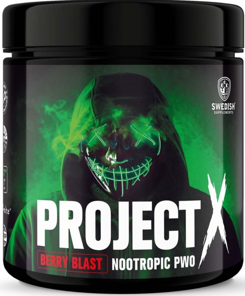 En svart burk med grönt lysande och ett skrämmande leende mask, märkt 'PROJECT X' och 'Berry Blast'.