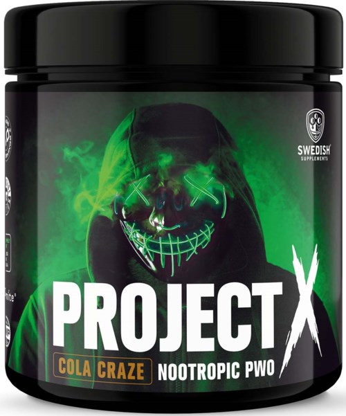 En svart burk märkt 'PROJECT X' med ett grönt och svart skrämmande ansikte på framsidan. Det är en kosttillskottsbehållare.