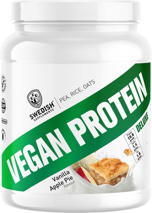 En hvit beholder merket 'Vegan Protein' med bilde av pai, med vanilje eple smak, av Swedish Supplements.