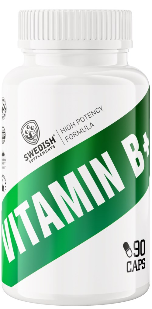 En hvid flaske med et grønt label, der siger "Vitamin B" og indeholder 90 kapsler.
