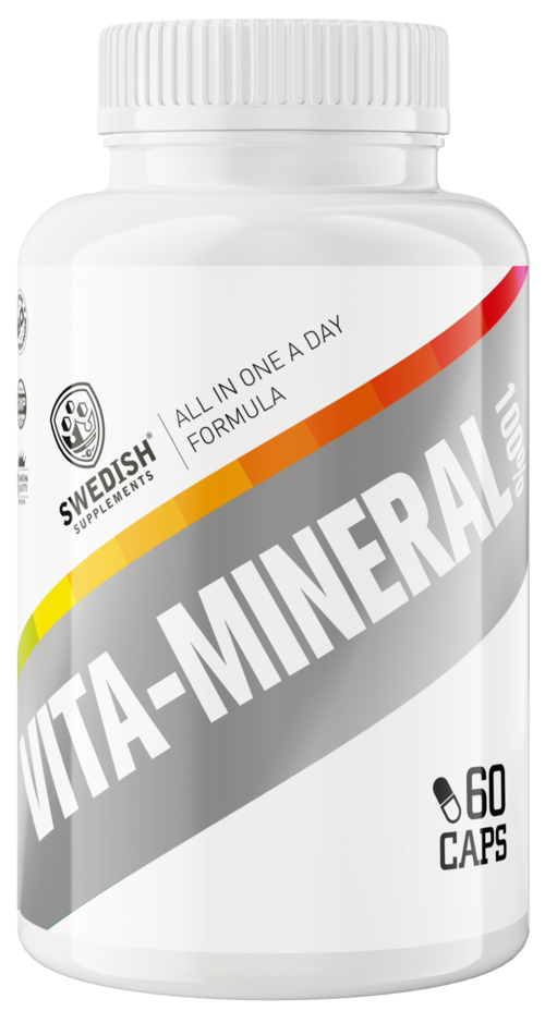 En hvid flaske mærket 'Vita-Mineral' med 60 kapsler, mærke fra Swedis H, og en låg på toppen.