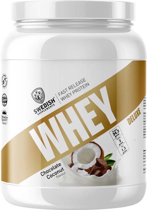A white protein container labeled "WHEY" with chocolate coconut flavor, showing health and fitness symbols.