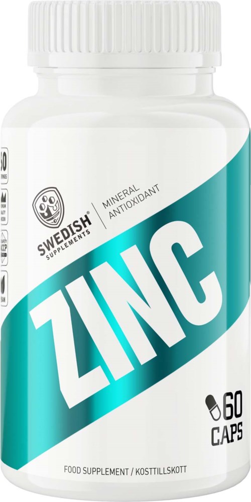 En vit flaska märkt Zink med 60 kapslar, ett svenskt kosttillskott, med en blå och vit design.