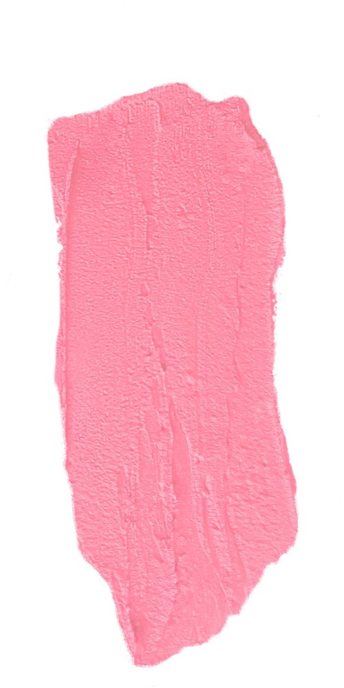 Roze make-up smeer met een onregelmatige vorm en zichtbare kwaststreken.