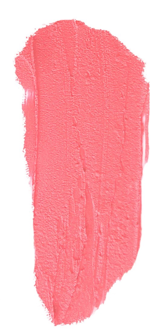 Een roze-rode vlek lippenstift of verf met onregelmatige textuur op witte achtergrond.