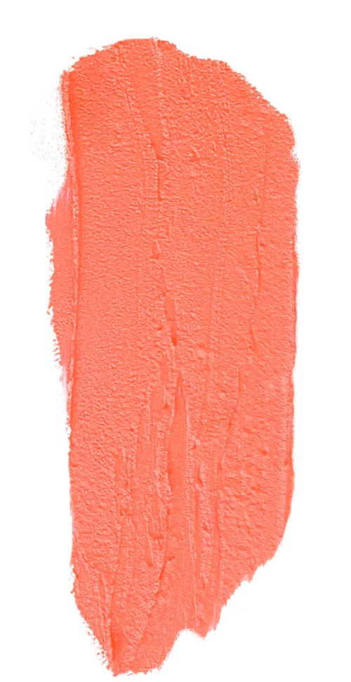 Een proefstaal van perzikkleurig cosmetisch of kunstproduct met een getextureerd oppervlak en oneffen randen.