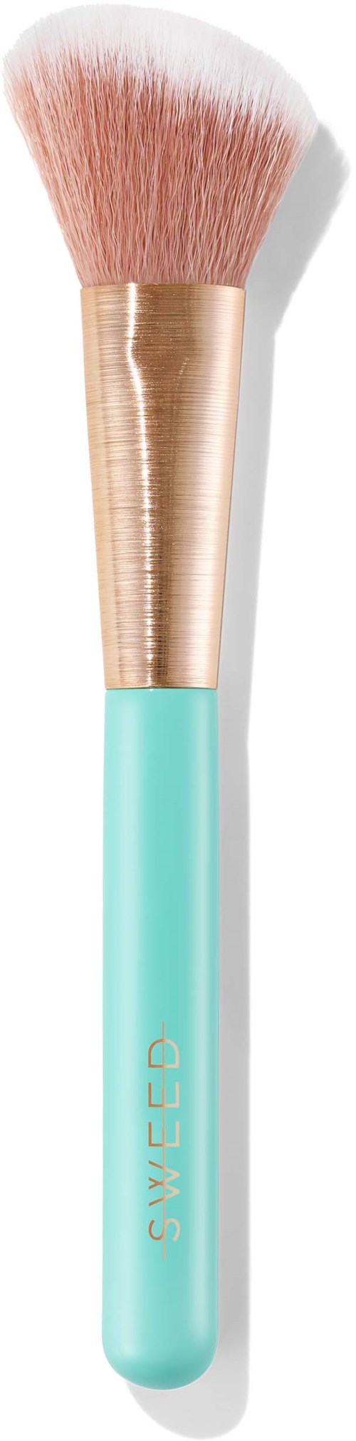 Een make-upkwast met een lichtblauwe handvat en pluizige haren, gebruikt voor poeder of blush aanbrengen.