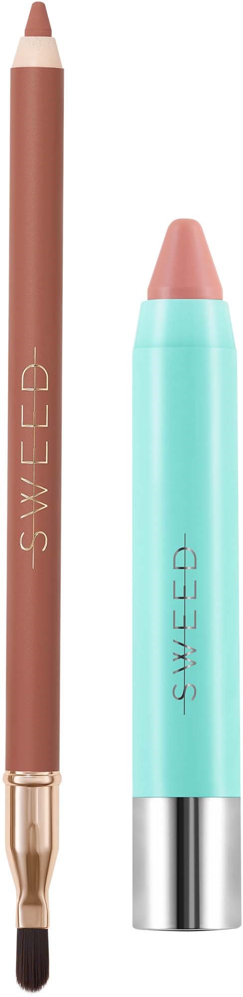 Et dobbelt-sidet makeup-stift med læbefarve på den ene side og en applikator på den anden, begge i pastelfarver.