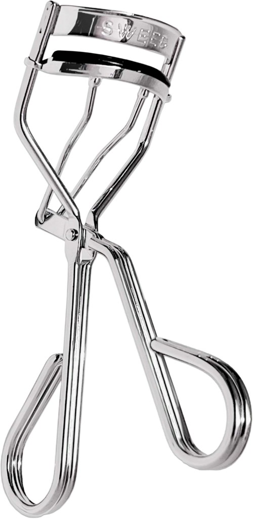 Ein metallischer Wimpernzange mit Griff, rundem Rand und Federmechanismus zum Wimpernbiegen.