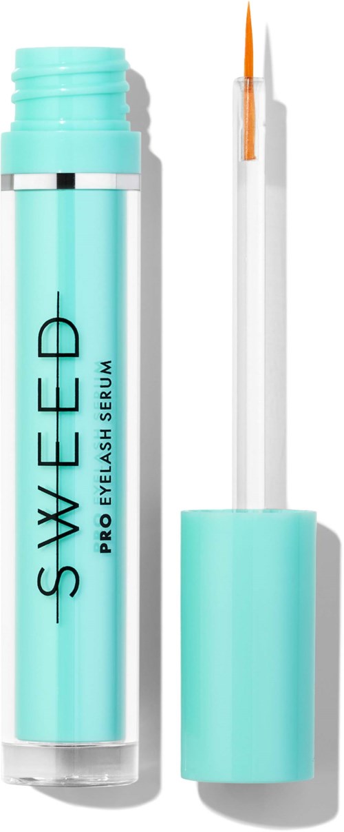 A turquoise-colored tube of eye serum with a wand applicator on a white background.