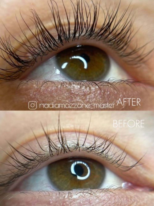 Close-up of a brown eye showing long, curled eyelashes before and after eyelash enhancement.