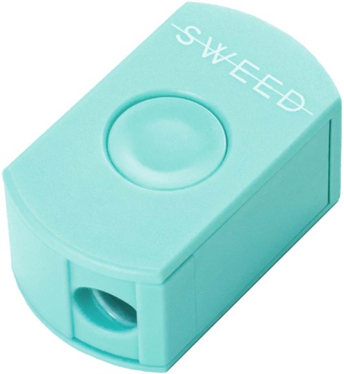 En blå enhet med märket "SWEED" och en stor cirkulär knapp på toppen samt ett hål nedtill.