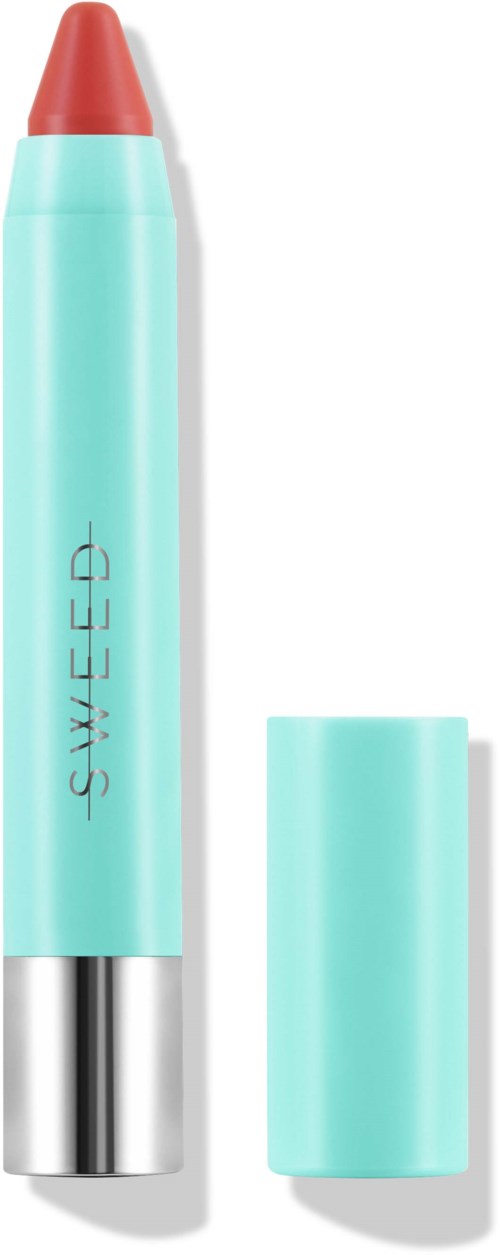 En ljusblå highlighter med korallspets, märkt "SWEED," och dess lock bredvid.