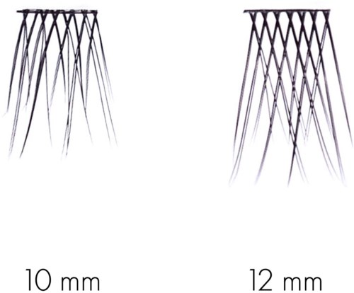 Dwa zestawy cienkich metalowych słupów z krzyżującymi się podpórkami, oznaczone rozmiarami 10 mm i 12 mm.