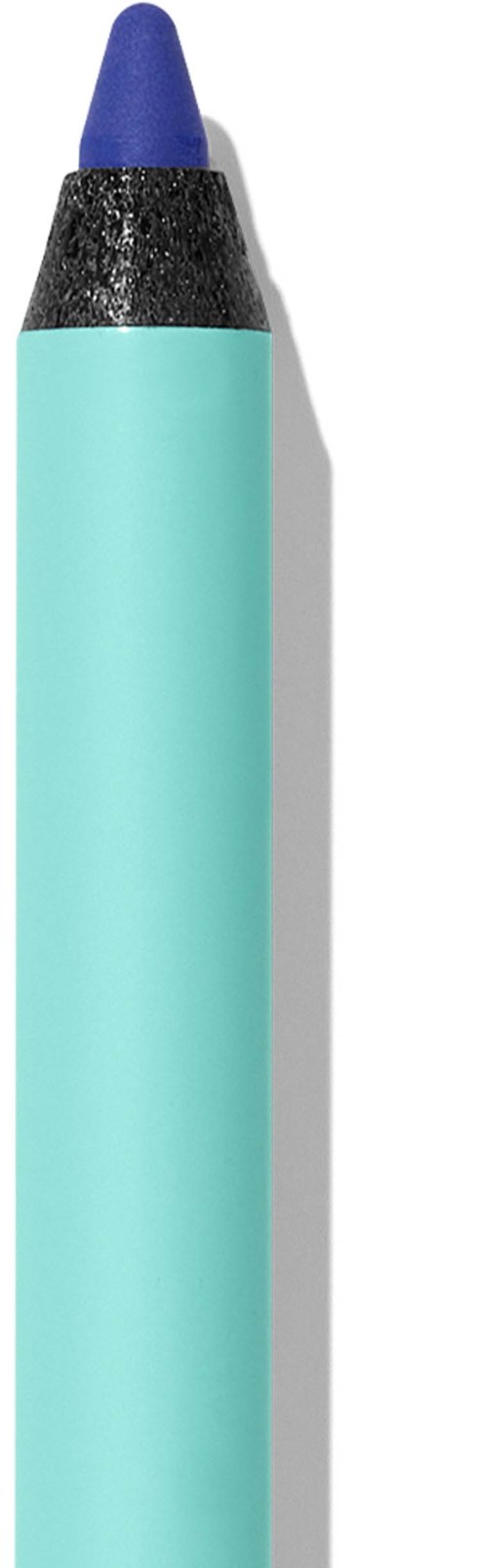 A blue crayon with a black band around the top, placed vertically on a white background.