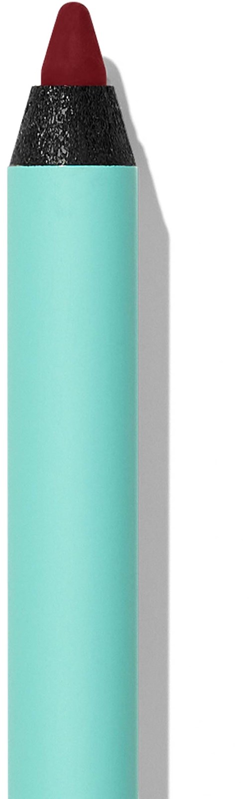 A red lip crayon with a black tip and a light blue body.