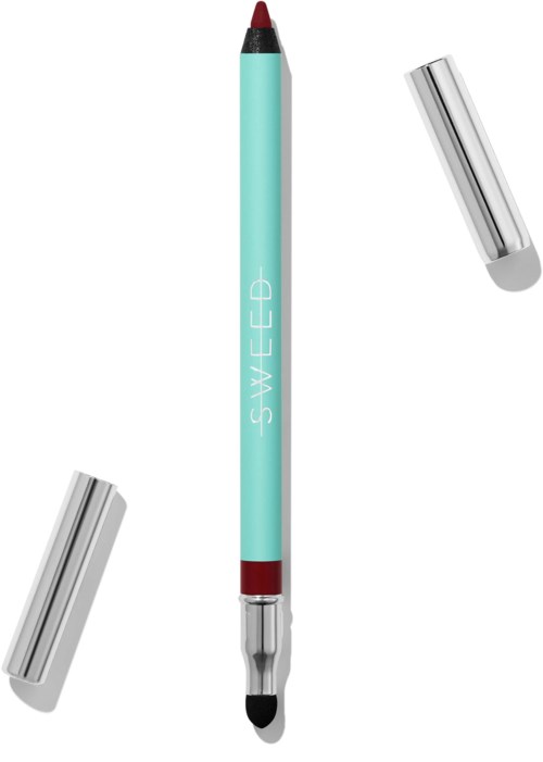 A dual-ended marker with blue body, black and red tips, and silver caps on sides.
