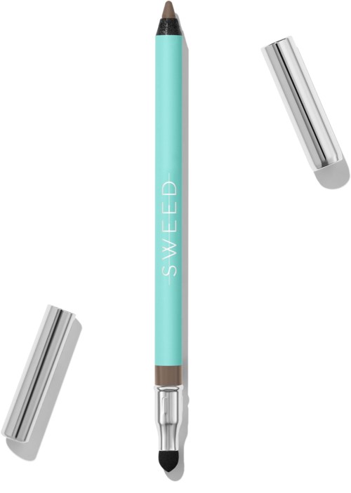 A dual-ended makeup stick with a light blue body, one brush tip and one sponge tip, and two silver caps.
