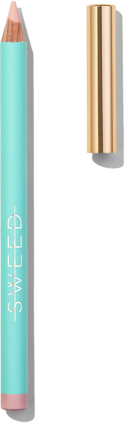 A pastel blue pencil with a pink tip and white text, next to a gold cap. The pencil is labeled "SWEED.".