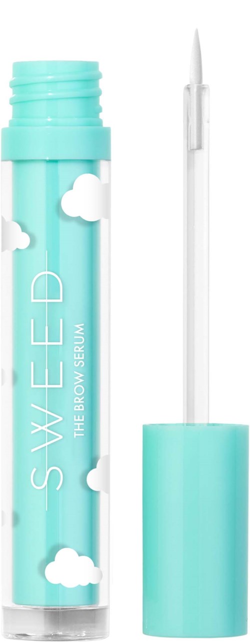 Blå tube med hvite skyer, merket 'SXYLED The Brow Serum', med en hvit applikator.