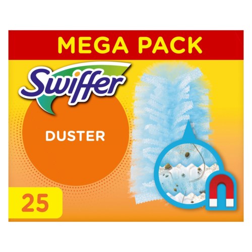 Swiffer Reinigungstücher, blau und weiß, mit Magnet-Symbol, in gelber und roter Packung, große 'Mega Pack'-Beschriftung.