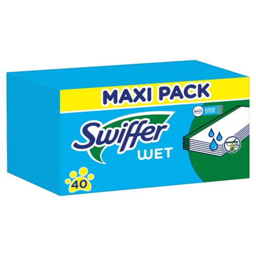 Blue box of Swiffer Wet cloths, labelled 'Maxi Pack' with 40 cloths. Shows cloths cleaning and deodorizing.
