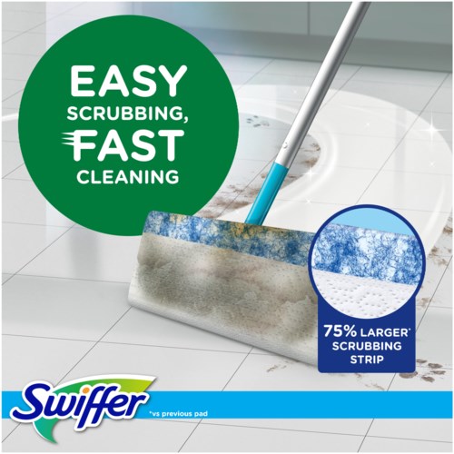 A cleaning tool with a large scrubbing strip and a handle, shown cleaning a white tiled floor.