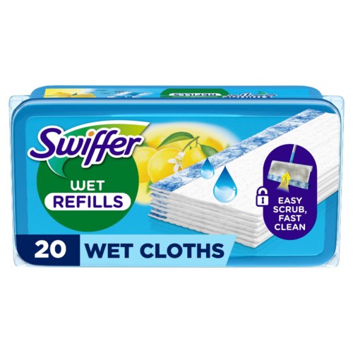 En æske med 20 Swiffer-vådtørklæder med citrussmag, designet til hurtig og nem rengøring.