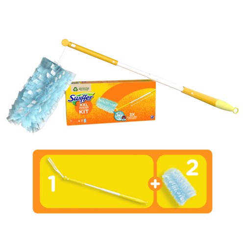 Reinigungswerkzeug mit langem Stiel und weichen ReinigungsPads, ähnlich einer Staubwischer, in einer Packung.