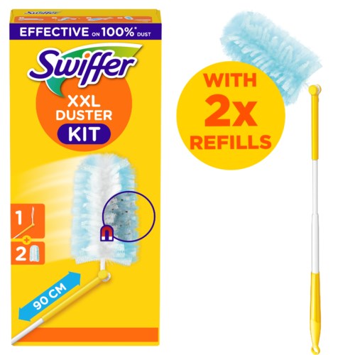 Reinigungstuch mit gelbem Griff, blauer Reiser, Verpackung mit zusätzlichen Nachfüllpacks, helle Farben und Produktdetails.