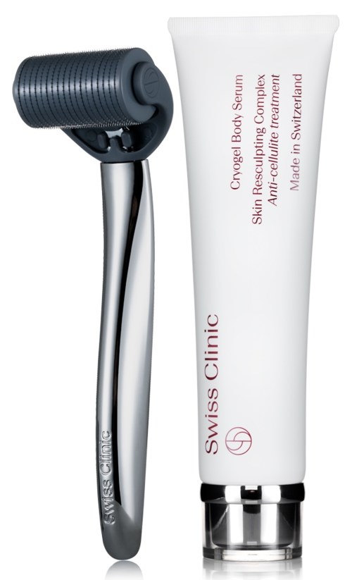En hudrullare med svart texturerad rulle och silverhandtag, bredvid en vit tub märkt Swiss Clinic-produkt.