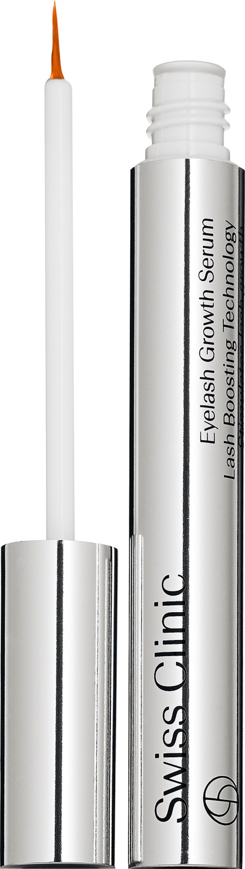 Valkoinen putki mustalla tekstillä "Swiss Clinic Eyelash Growth Serum" ja kiinnitetty sivellinharja oranssilla kärjellä.