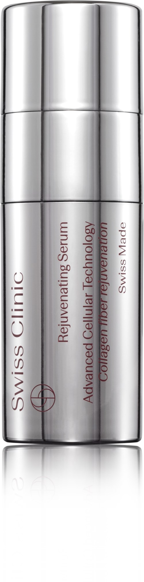 En silverfärgad flaska märkt Swiss Clinic Rejuvenating Serum med avancerad cellteknologi.