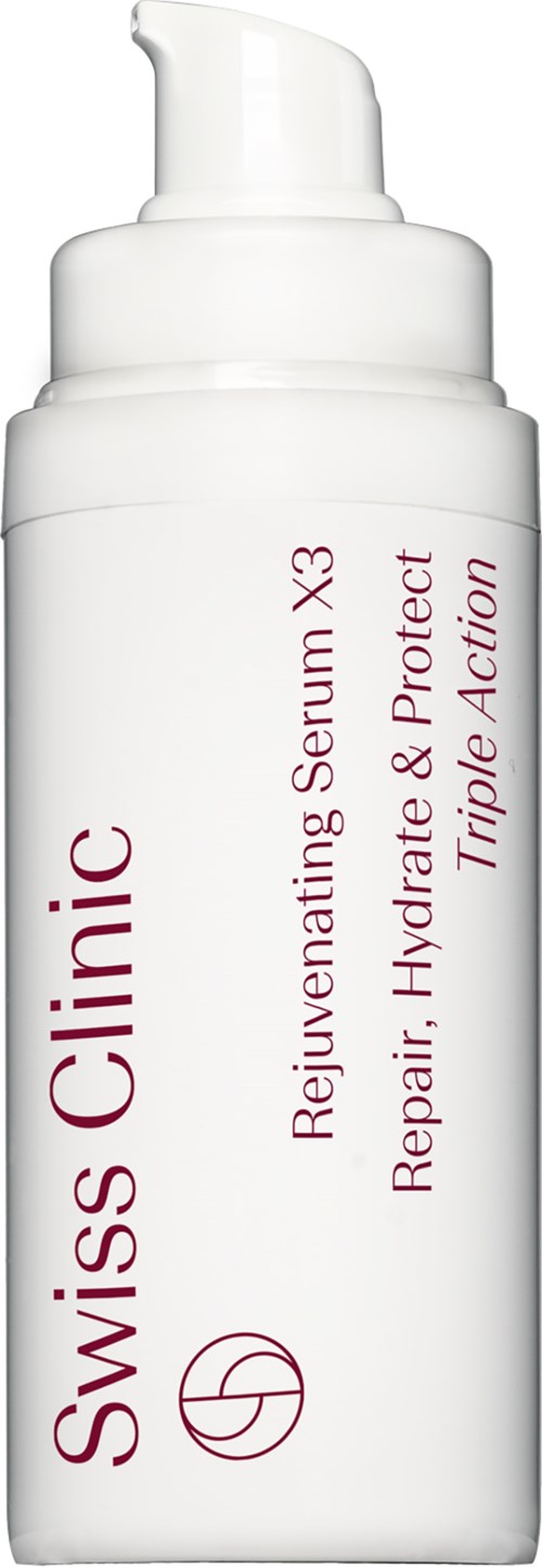 Een wit flesje met pomp, labeled Swiss Clinic Rejuvenating Serum X3, voor huidherstel en hydratatie.