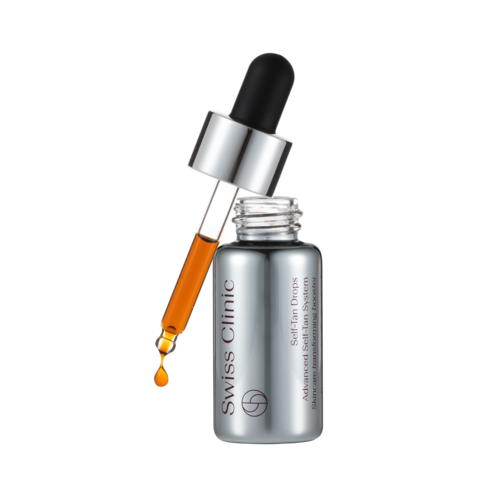 A small bottle with a dropper, labeled "Swiss Clinic," containing a serum with a few drops inside.